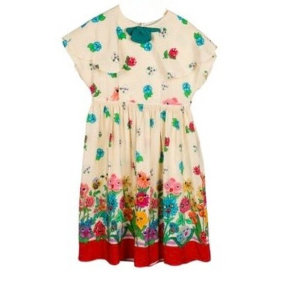 Gucci Children’s Flower Faces Border Short Sleeve Dress In White-Camel Size12
